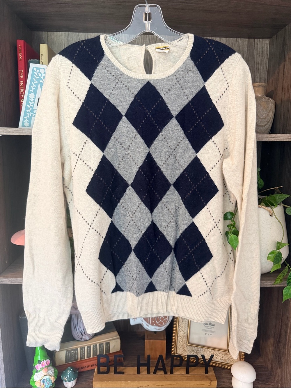 J. Crew Cream Crewneck Sweater with Navy & Gray Argyle